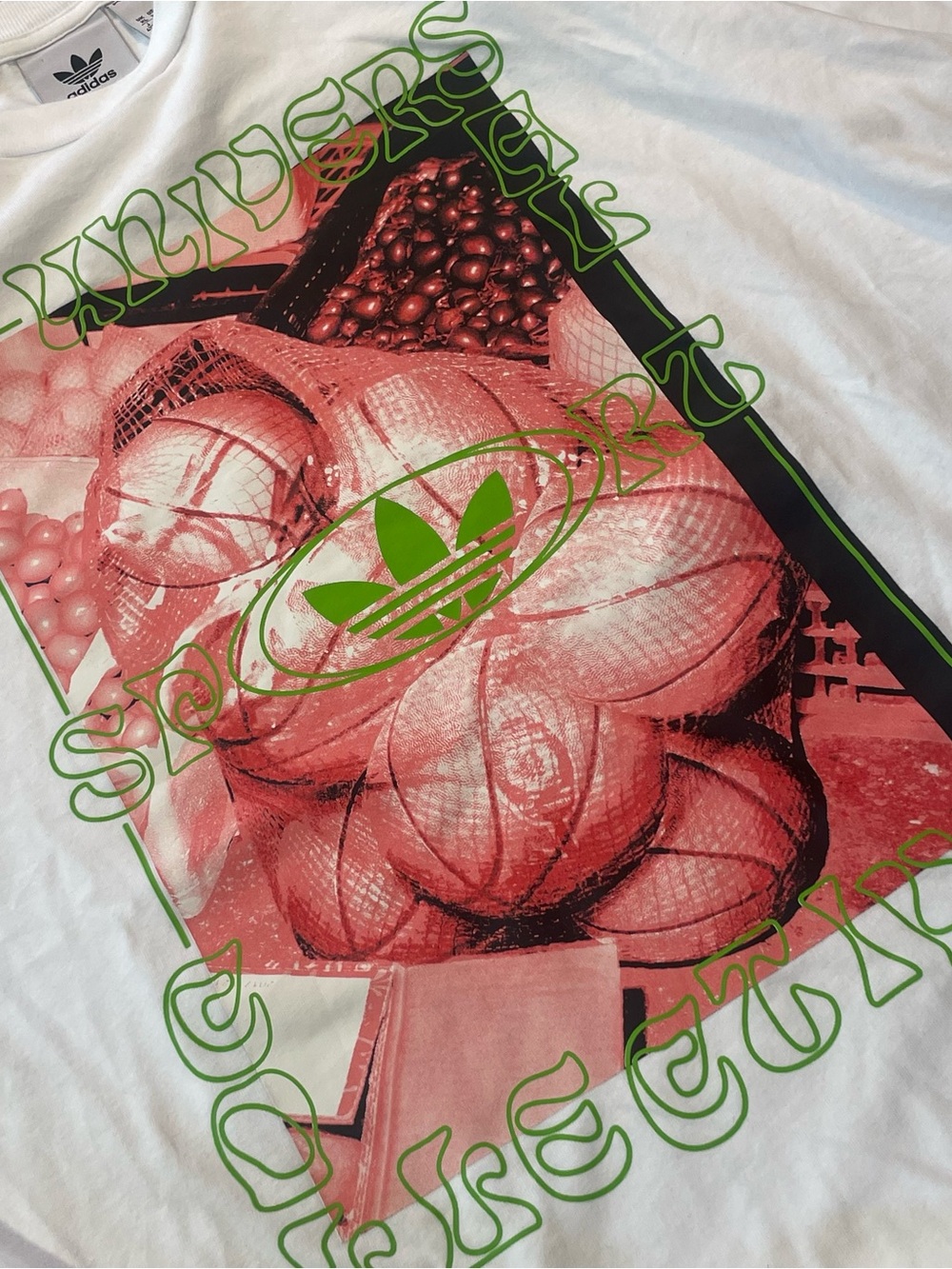 adidas White Long Sleeve Tee with Pink Graphic and Green Accents - Picture 2 of 6